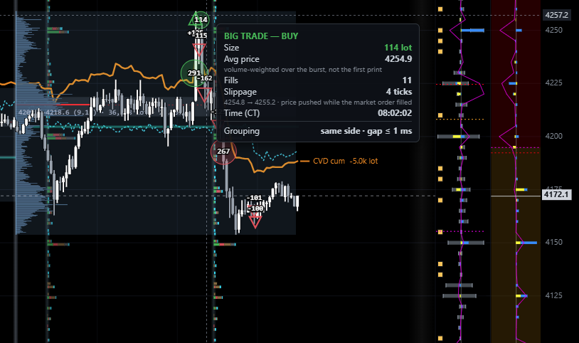 LevelQuants chart: footprint candles, a 114-lot big trade with average price, fill count and slippage, cumulative CVD line, GEX ladder on the right